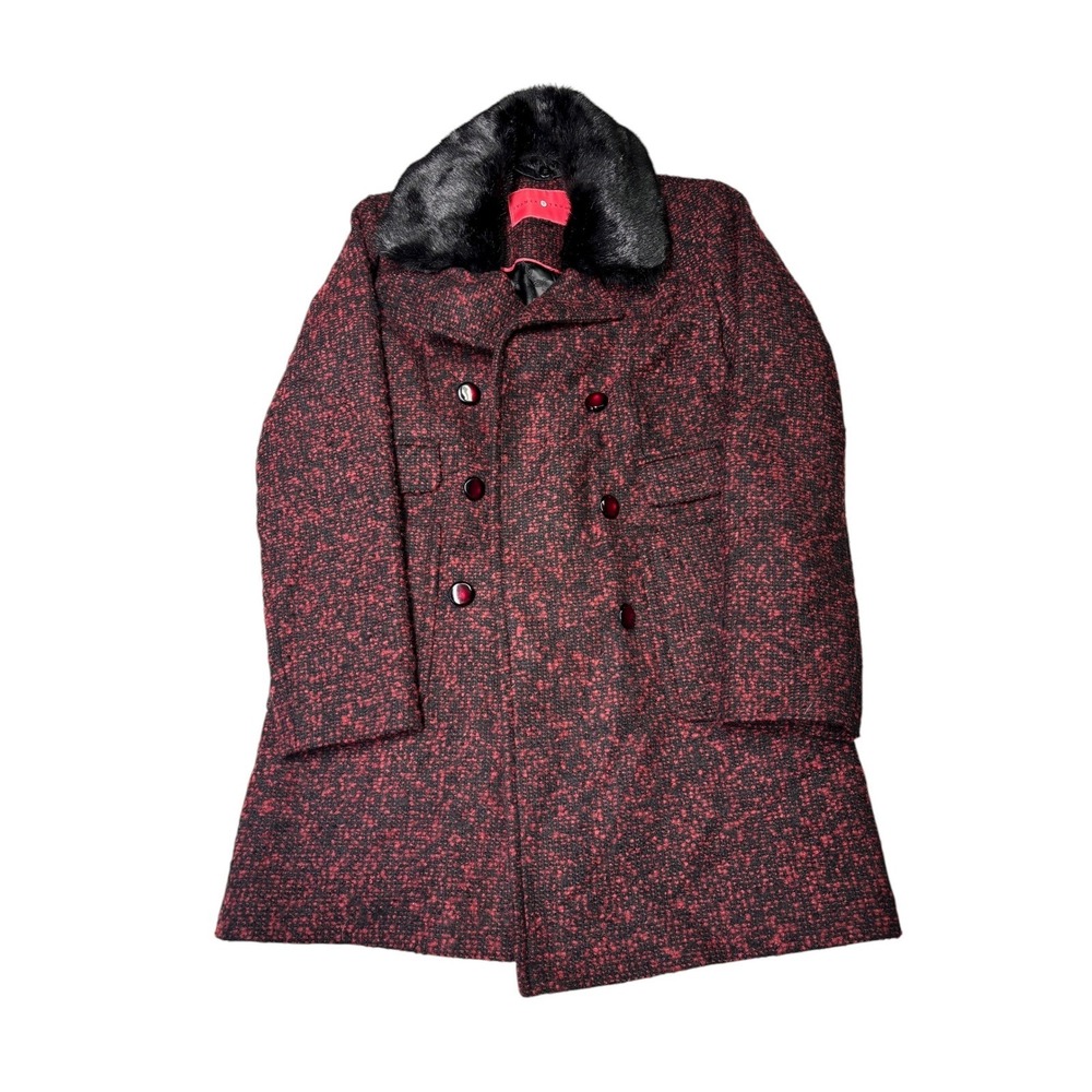 Ivanka Trump Women's Red Speckled Tweed Double Breasted Coat Faux Fur Collar M